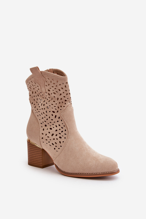 Ażurowe Botki Na Słupku Z Eko Zamszu Zapinane Na Zamek Beżowe Sevana