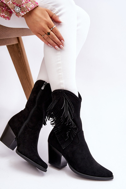 Damskie Niskie Zamszowe Kozaki Kowbojki Czarne Elyse