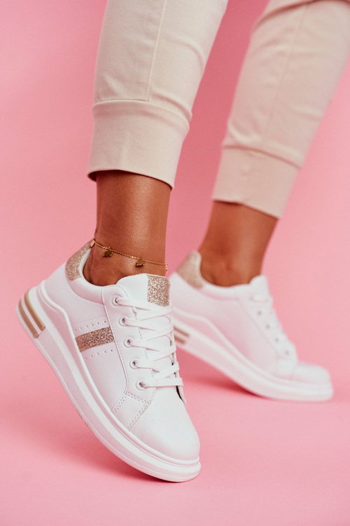 Sportowe Damskie Buty Białe Złote Brokat Narval