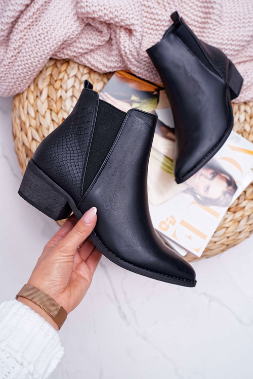 Botki Damskie Płaski Obcas W Szpic Suwak Czarne Derme