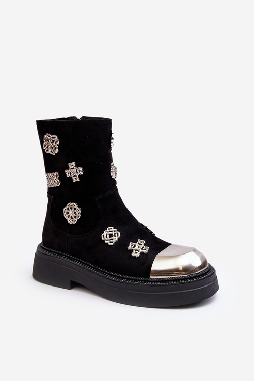 Zamszowe Ocieplane Botki Z Ozdobami D&A MR870-14 Czarne