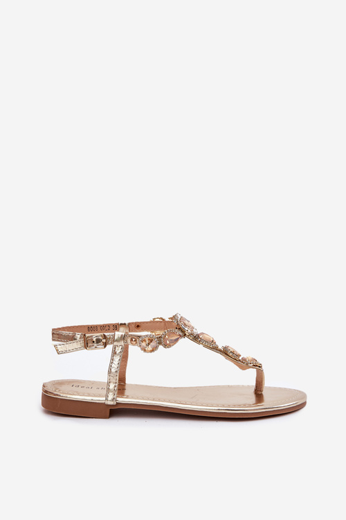 Sandały Damskie Na Płaskim Obcasie Z Kryształkami Złote Fiolalia