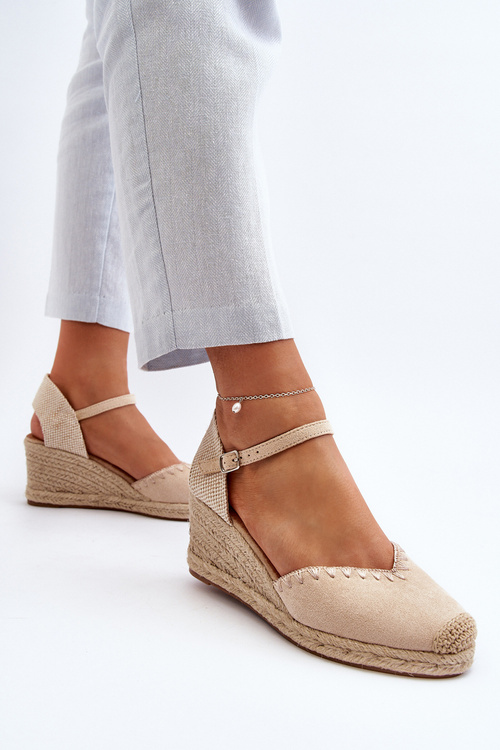 Zamszowe Sandały Espadryle Na Koturnie Z Plecionką Beżowe Raylin