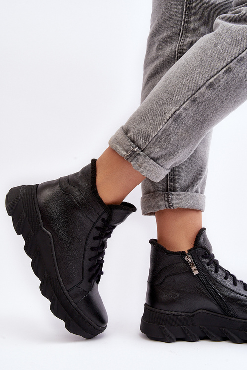 Ocieplane Skórzane Botki Damskie Na Platformie Czarne Lemar Jevette