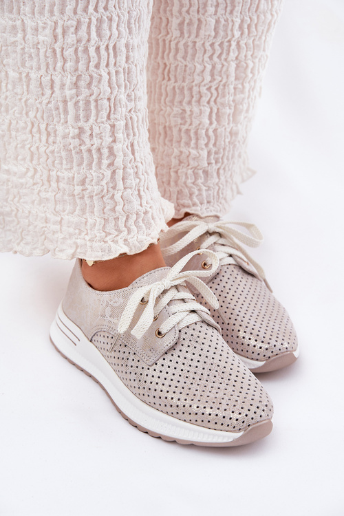 Skórzane Lekkie Półbuty Damskie Na Platformie Artiker 56C2113 Beżowo-Złote