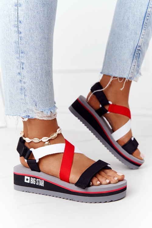 Piankowe Sandały Na Koturnie Big Star HH274A082 Czerwono-Białe