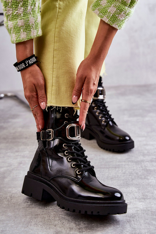 Lakierowane Ocieplane Damskie Botki Czarne Costello