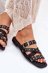 Zdobione Klapki Damskie Na Płaskim Obcasie Z Paskami I Klamrą Czarne Manitte