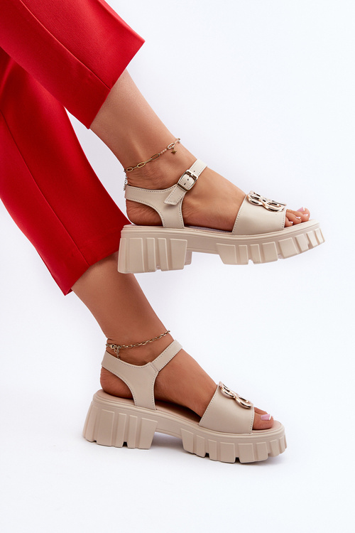 Skórzane Sandały Damskie Ze Złotą Ozdobą Beżowe Vinceza 7910