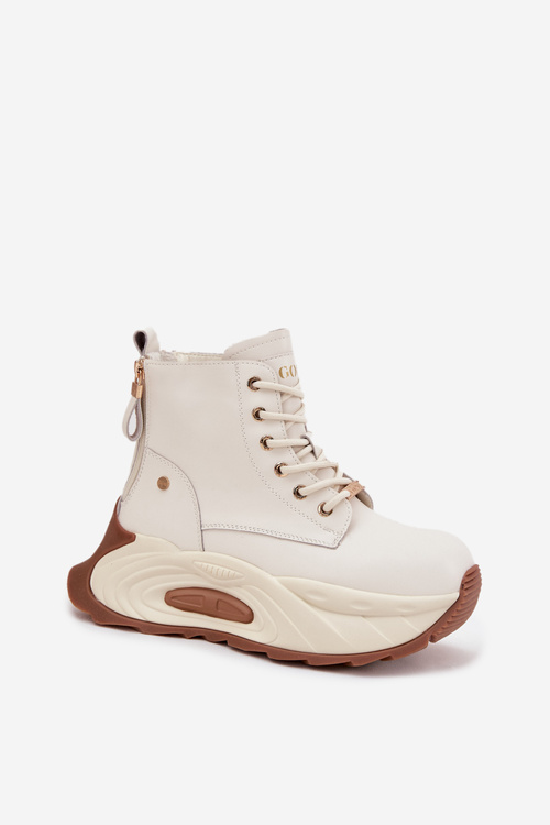 Skórzane Ocieplane Botki Damskie Na Platformie GOE SS2N4300 Jasnobeżowe