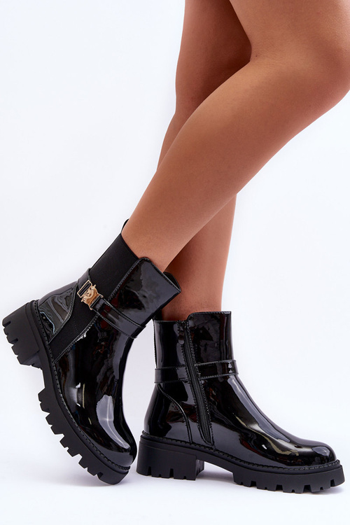 Lakierowane Botki Sztyblety Damskie Czarne Elspetia