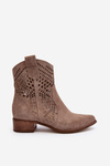 Zazoo 3305 Damskie Ażurowe Botki Kowbojki Na Niskim Obcasie Zamszowe Cappucino