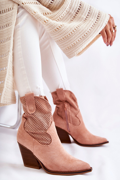 Damskie Zamszowe Ażurowe Botki Kowbojki Różowe Eleonore