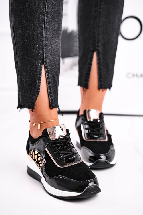 Sportowe Damskie Buty Sneakersy Skórzane Czarne 21-7778