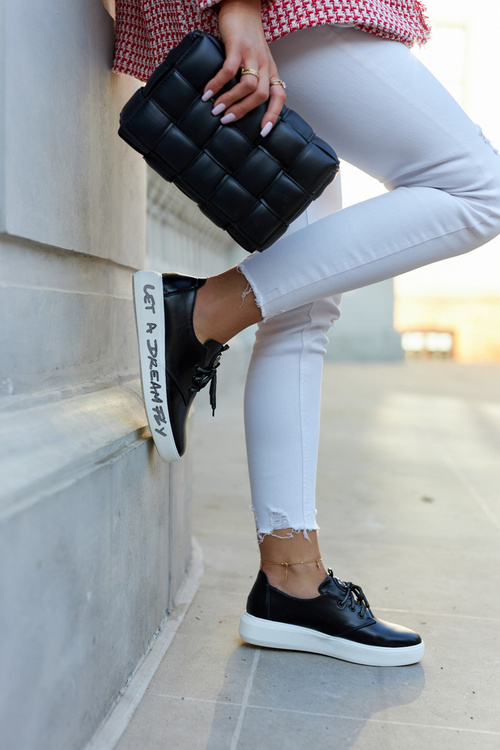 Damskie Skórzane Tenisówki Z Ozdobą Czarne Carrey