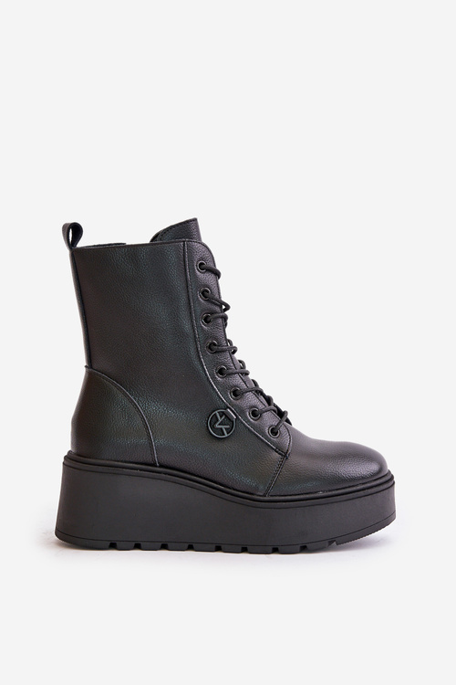 Skórzane Botki Workery Ocieplane Na Platformie I Koturnie Vinceza 58338 Czarne