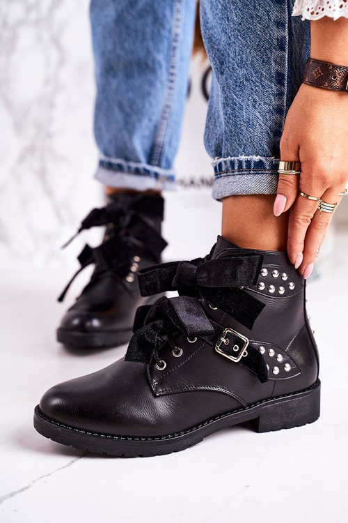 Damskie Ocieplane Botki Z Klamrami I Wstążką Czarne Special