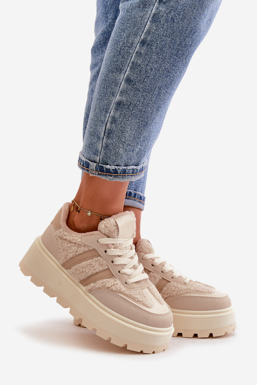 Ocieplane Sneakersy Damskie Na Platformie Z Kożuchem Beżowe Daivlene