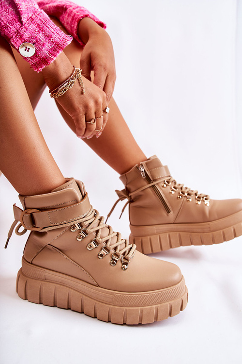 Modne Damskie Botki Na Platformie Z Paskiem Beżowe La Blanca