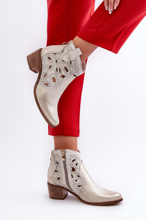 Ażurowe Botki Skórzane Lewski Shoes 3170/2 Złoty Przecierany