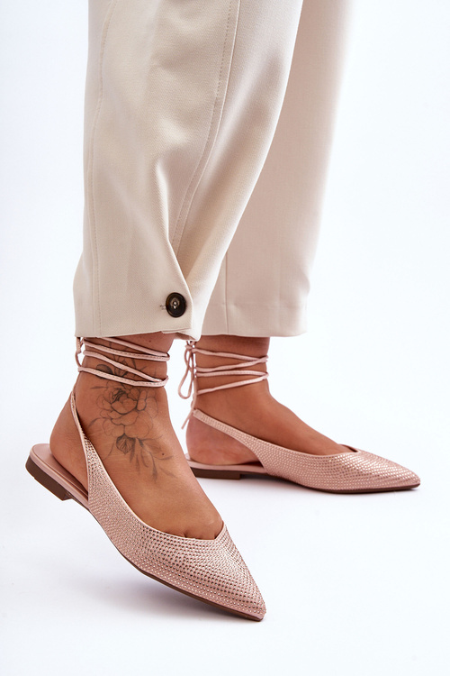 Wiązane Damskie Baleriny Zdobione Ćwiekami Beżowe Jange