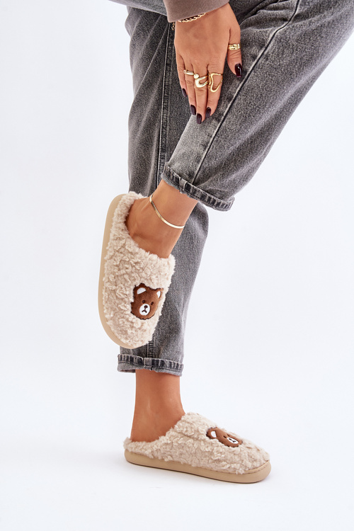 Kapcie Damskie Z Futerkiem Typu Baranek I Misiem Beżowe Temiena