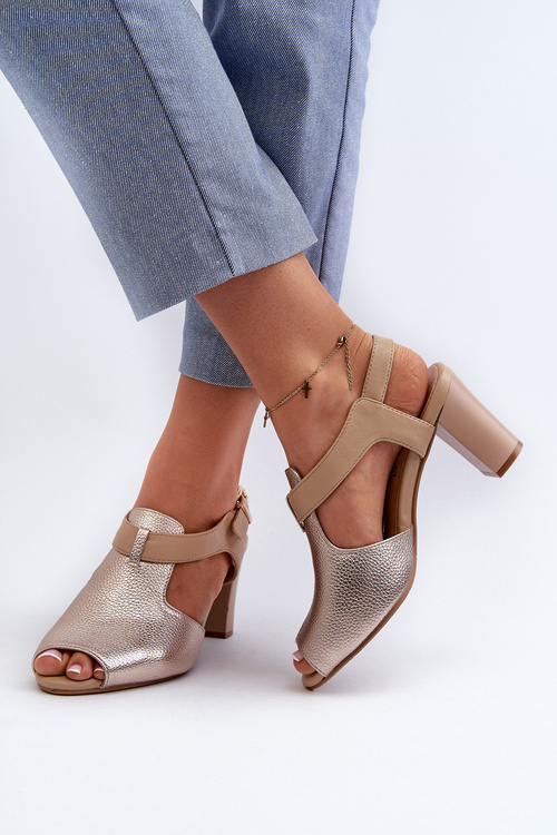 Sandały Damskie Na Słupku Z Eko Skóry Złote Queenmarie