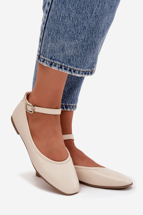 Baleriny Damskie Z Paskiem I Klamrą Beżowe Janelor