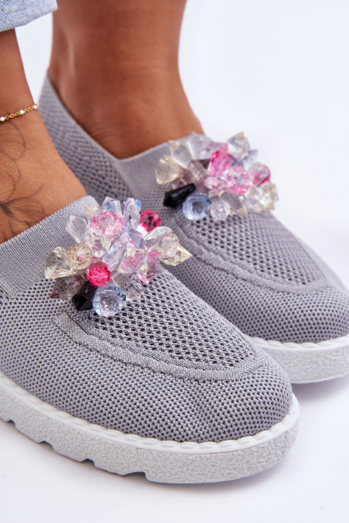 Damskie Wsuwane Tenisówki Z Kamieniami Szare Simple