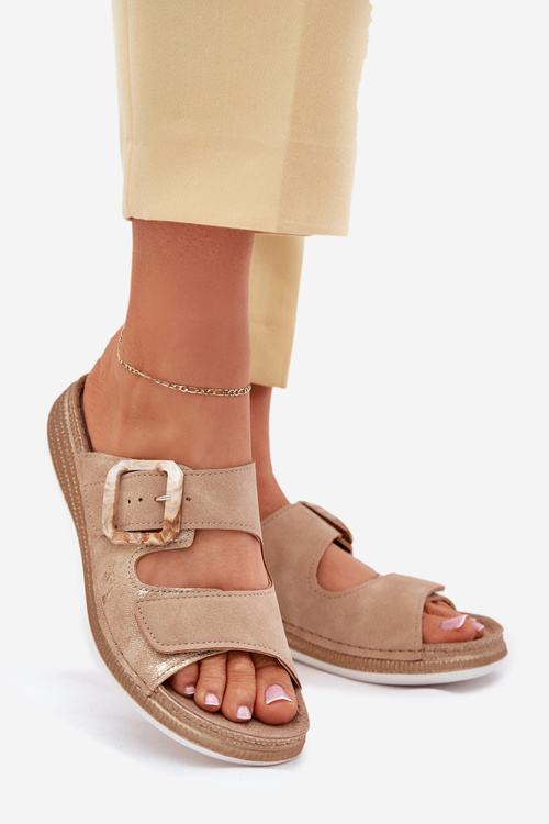 Klapki Damskie Z Klamrą I Rzepem INBLU MK000013 Beżowe