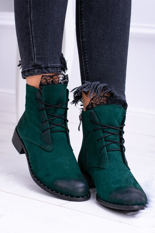 Skórzane Zielone Damskie Botki Z Koronką Millano
