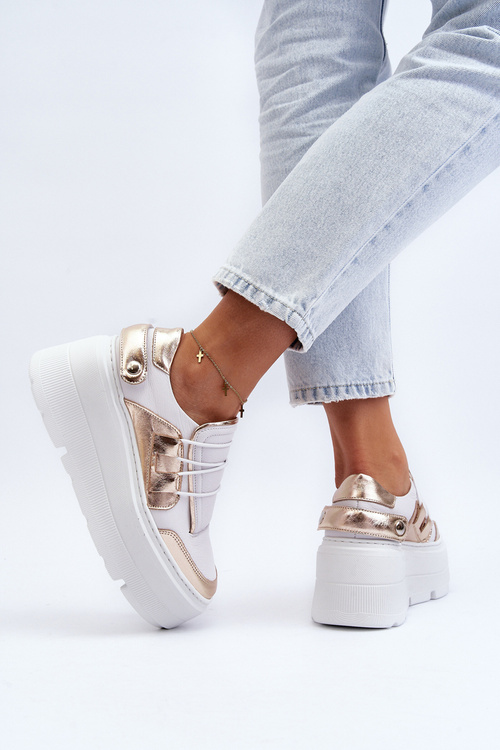 Zazoo 1833 Sneakersy Damskie Skórzane Na Masywnej Podeszwie Biało-Złote