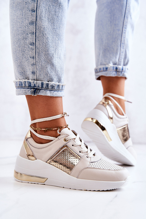 Damskie Skórzane Buty Sportowe Na Koturnie Beżowo-Białe Larson