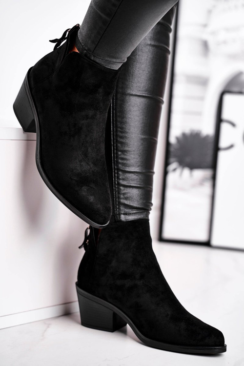 Botki Damskie Płaski Obcas Ocieplane Jesienne Czarne Milky