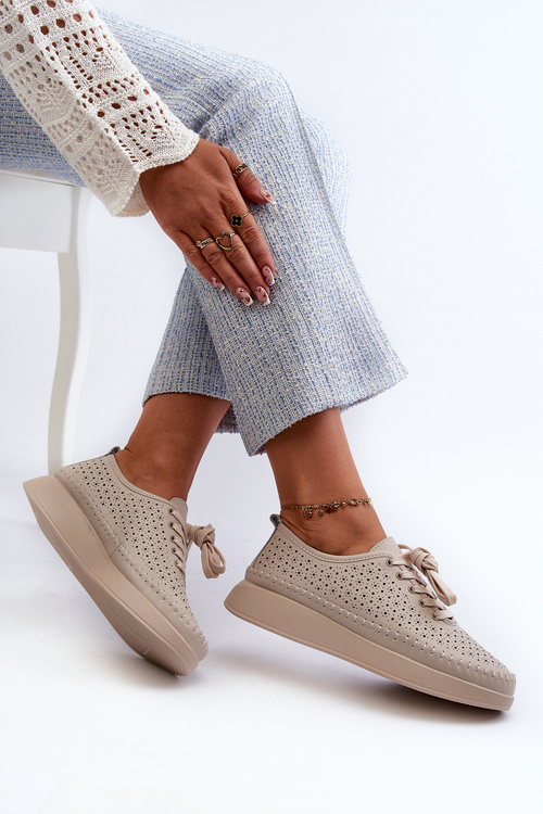 Skórzane Sneakersy Na Platformie S.Barski LR278 Beżowe