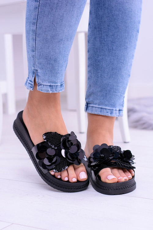 Damskie Czarne Klapki z Kwiatowym Wzorem Muah