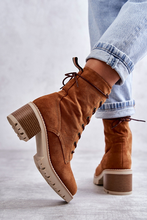 Damskie Ocieplane Botki Trapery Na Obcasie Camel Julieta