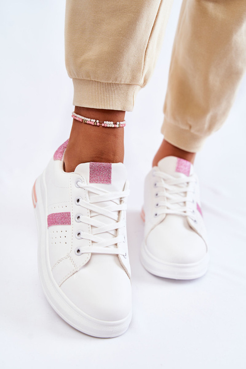 Damskie Buty Sportowe Wiązane Biało-Różowe Otylia