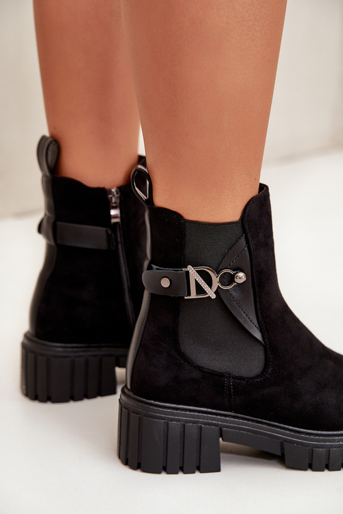 Ocieplane Botki Damskie Ze Złotym Detalem Eko Zamszowe Czarne Bervena