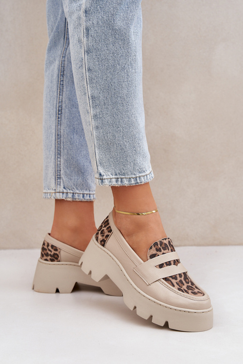 Skórzane Mokasyny Damskie Na Platformie I Płaskim Obcasie Panterka Zazoo 20191 Jasnobeżowe