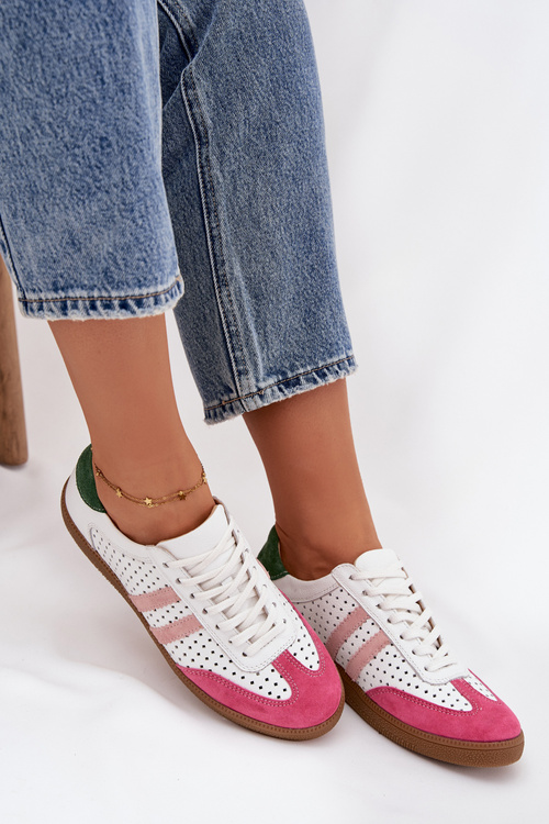 Skórzane Ażurowe Sneakersy Damskie Zazoo N1318 Biało-Różowe
