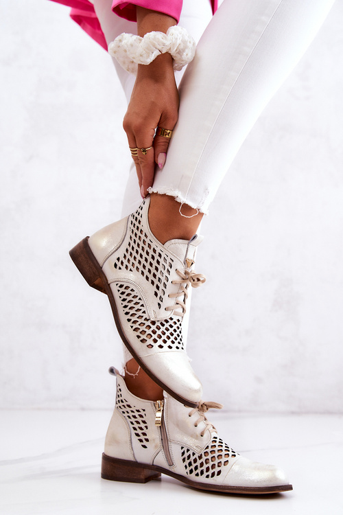 Zazoo 2704 Skórzane Ażurowe Botki Biało-Złote