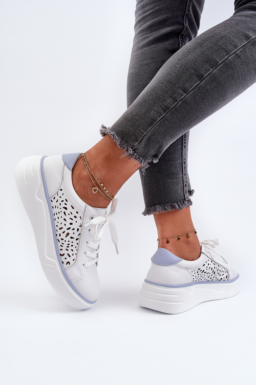 Ażurowe Sneakersy Damskie Na Platformie Skórzane Białe Peilaeno