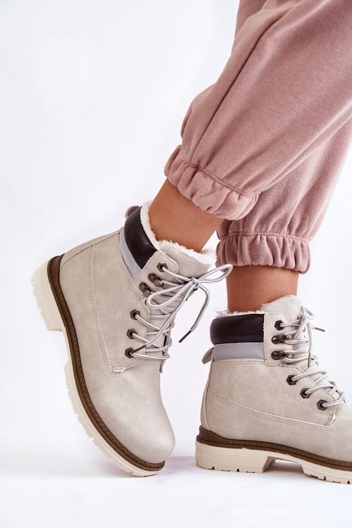 Damskie Ocieplane Botki Trapery Jasnoszare Lonne