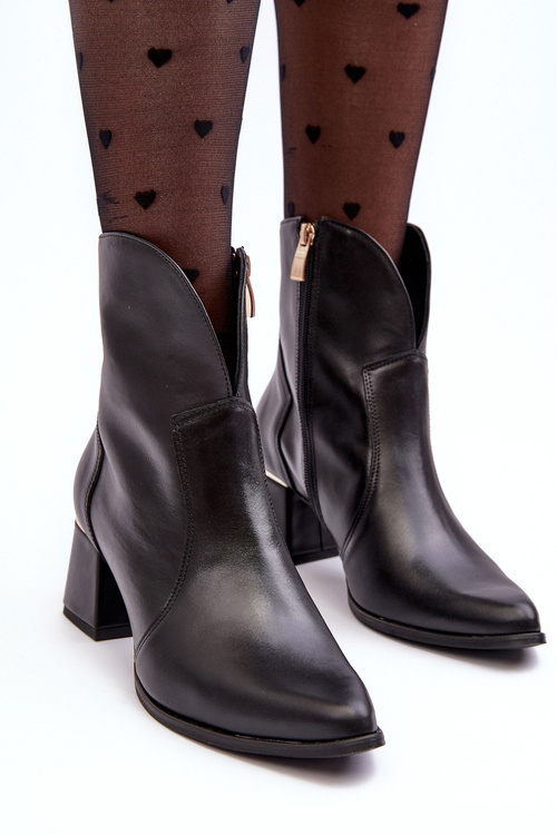 Skórzane Botki Kowbojki Damskie Na Obcasie Czarne Lewski 3166/B/2