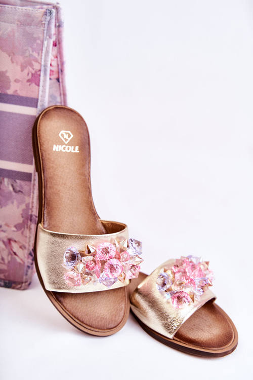 Skórzane Damskie Klapki Z Ozdobą Nicole 2726 Złote