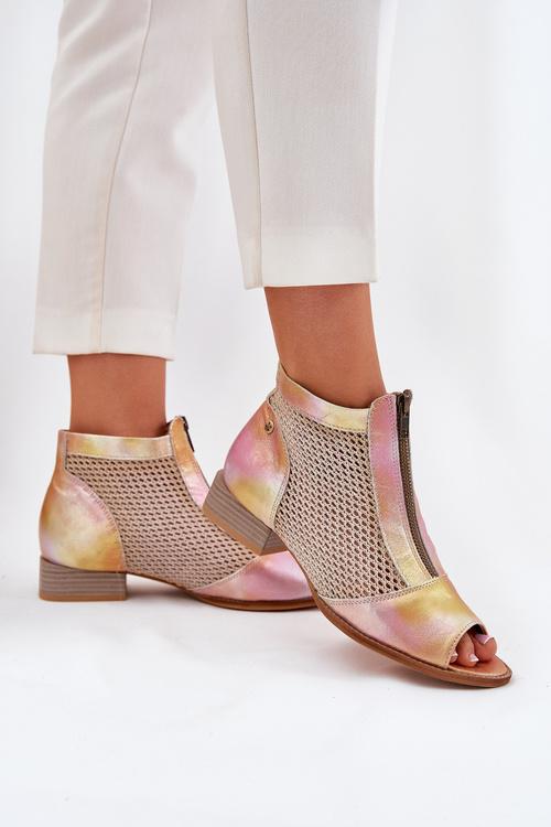 Skórzane Botki Damskie Na Płaskim Obcasie Z Odkrytymi Palcami Maciejka 06413-15 Różowo-Pomarańczowe