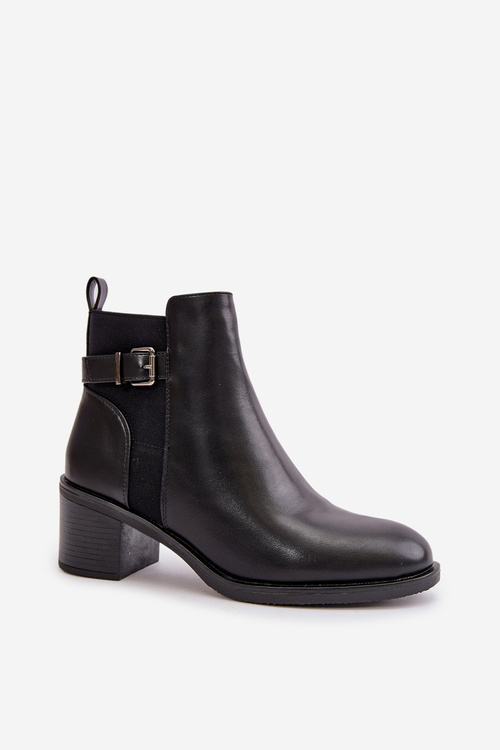 Botki Damskie Ocieplane Na Słupku Z Klamrą Czarne Nevillira