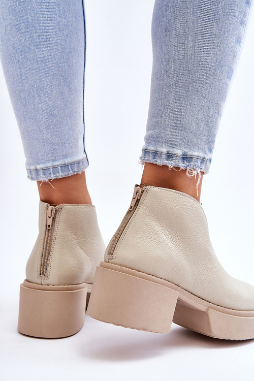 Skórzane Botki Na Masywnym Obcasie Nicole 2795/054 Jasnobeżowe