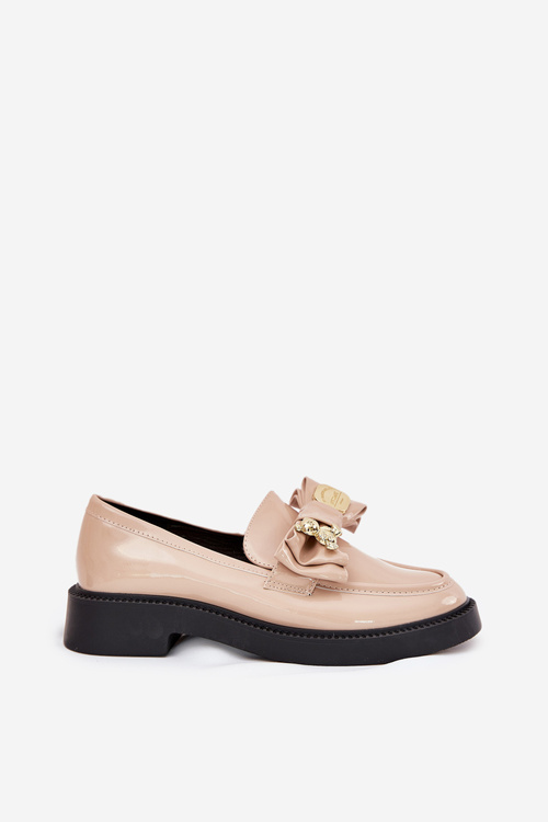 Lakierowane Mokasyny Z Kokardą I Ozdobną Broszką Beżowe Leandriel